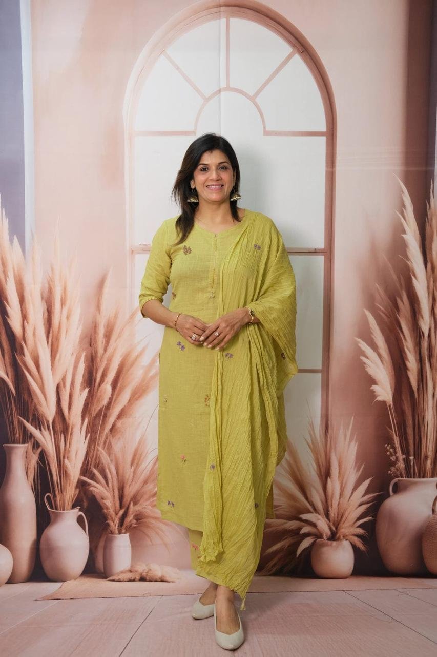 Green Cotton Khadi Kantha Work Suit Set